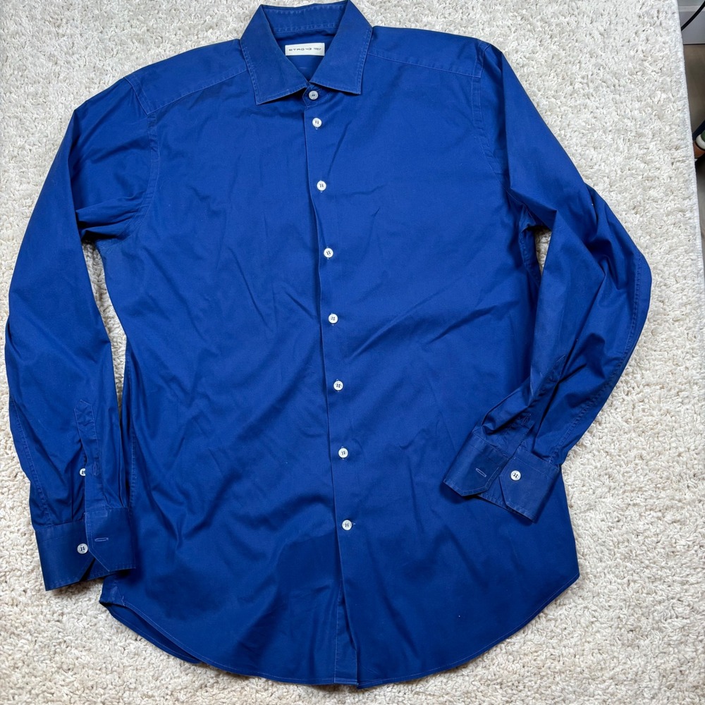 ETRO43 Mens L Blue Long Sleeve Button Up Dress Shirt Made in Italy Cotton Blend